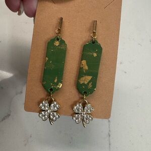 Green and Gold Clover Drop Earrings - Women Jewelry